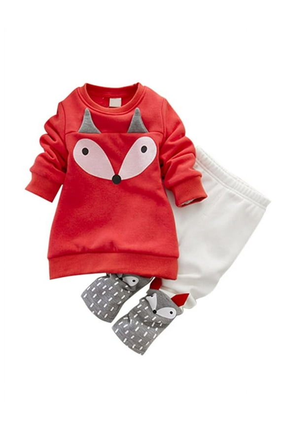 2Pcs Baby Girls Cartoon Fox Sweatshirt Thick Velvet Pant Suits Clothing Set