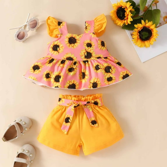 Tbopshirt 2Pcs Baby Girls Outfit 0-24 Months Toddler Baby Sling Set Women's Treasure Summer Flower Sling Cute Cotton Shorts Headband