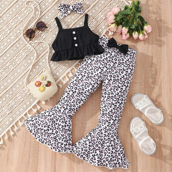 2Pcs Baby Girls Outfit Clearance Summer Children Girls Headband + Strip Sleeveless Vest + Leopard Striped Flared Trousers 3pcs Suit