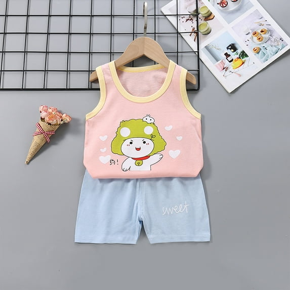 2Pcs Baby Girls Outfit Clearance Toddler Kids Baby Boys Girls Fashion Cute Sleeveless Vest ShortsPrint Casual Suit
