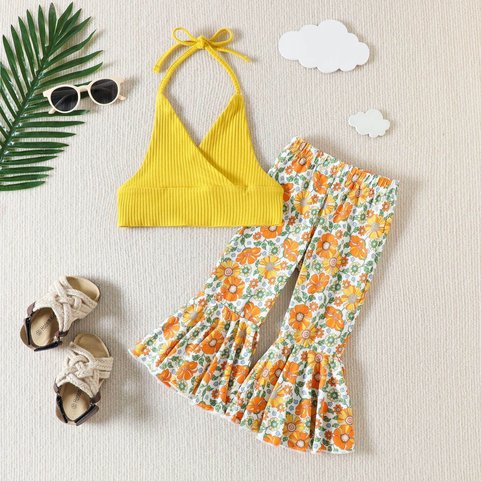 Baby Girl 2pcs Plants Print Ruffle Crop Top and Shorts Elasticized Set