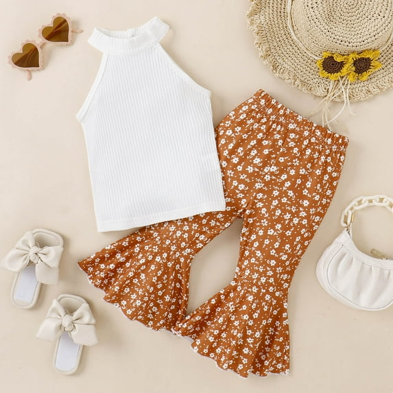 2Pcs Baby Girls Outfit Clearance Toddler Kids Baby Girls Fashion Cute Sweet Print Halter Vest Flared Pants Suit