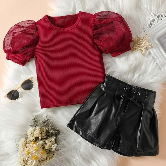 Tbopshirt 2Pcs Baby Girls Outfit Toddler Kids Baby Girls Puff Sleeve Solid Color Tops+Lace Up Shorts Outfits Set