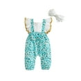 thumbnail image 1 of 2Pcs Baby Girls Outfit Daisy Print Splicing Square-Neck Flying Sleeves Jumpsuit + Headband, 1 of 9