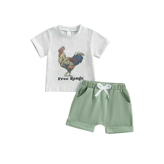 2Pcs Baby Kids Boy Summer Outfits 0 6 12 18 24 Months 2T 3T 4T 5T Short Sleeve Rooster Print T-Shirt   Shorts Set Infant Clothing