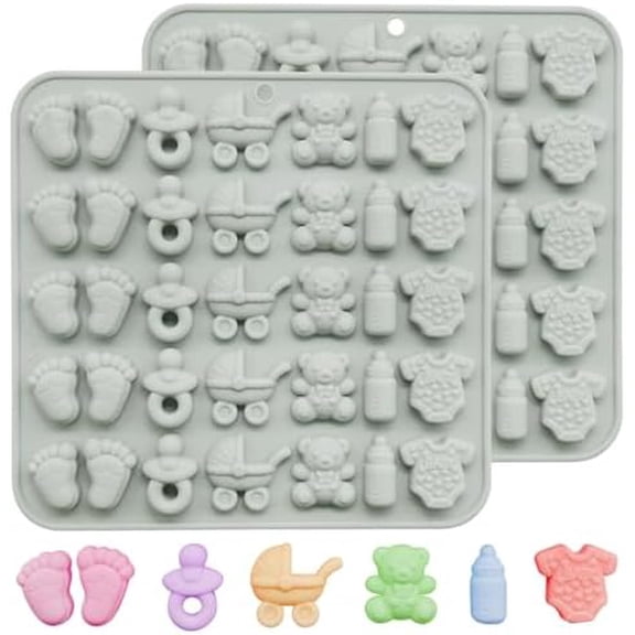 2Pcs Baby Shower Chocolate Mold Silicone Footprints, Candy Moulds Gummy Bite Size Onesie Carriage Bear Shaped for Cupcake Cake Decoration Ice Party Kitchen Supplies