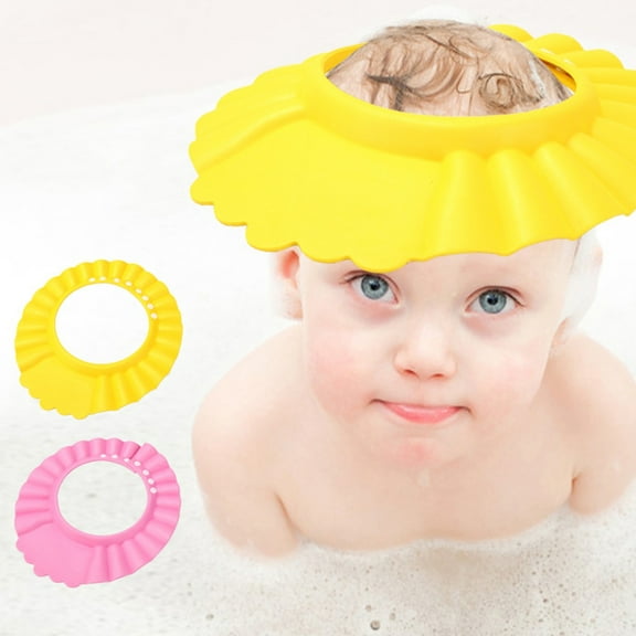 2Pcs Baby Shower Shampoo Cap Waterproof Adjustable Shield Ear Eye Protection Hat Yellow Plastic