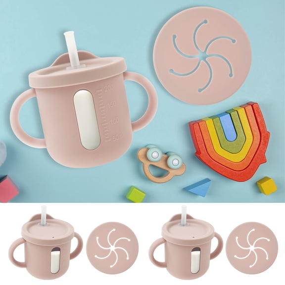 2Pcs Baby Silicone Cup with Eyedropper Spill Proof Toddler Cup Double Lid Design Non Slip Handle with Capacity Marking