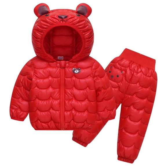 2Pcs Baby Snowsuit Hooded Bear Ears Coat Winter Down Jacket and Elastic Waist Puffer Ski Pants Set Children's Cotton Casual Jacket Thick And Warm Elastic Waisted Cotton Pants Set on