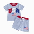 thumbnail image 1 of 2Pcs Baby Toddler Boy 4th of July Clothes 6 12 18 24 Months 2T 3T Lettered Flag Embroidery Striped Short Sleeves T-Shirt Elastic Shorts Outfits Set Kaprioy Suits for Boys, 1 of 4