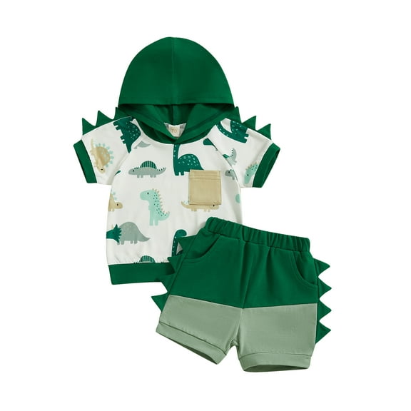 2Pcs Baby Toddler Boy Summer Hooded Outfits 3 6 12 18 24 Months 2T 3T Short Sleeve Dinosaur Print Hoodie Tops + Shorts  Clothes Set