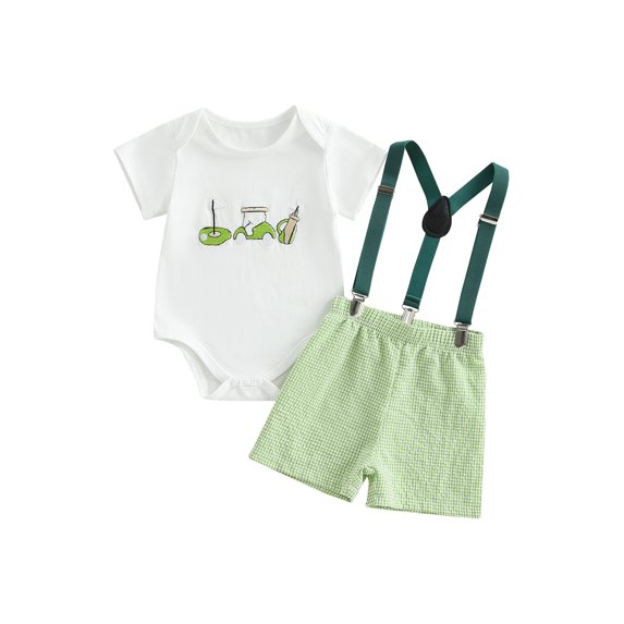 2Pcs Baby Toddler Boys Spring Outfits 3 6 12 18 24 Months Short Sleeve Golf Cart Embroidery Romper + Suspender Shorts Set Infant Clothes