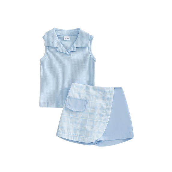 2Pcs Baby Toddler Girl Summer Outfits 12 18 24 Months 2T 3T 4T 5T Sleeveless Collared Tank Tops + Plaid Skirt Shorts Set Toddler Clothes