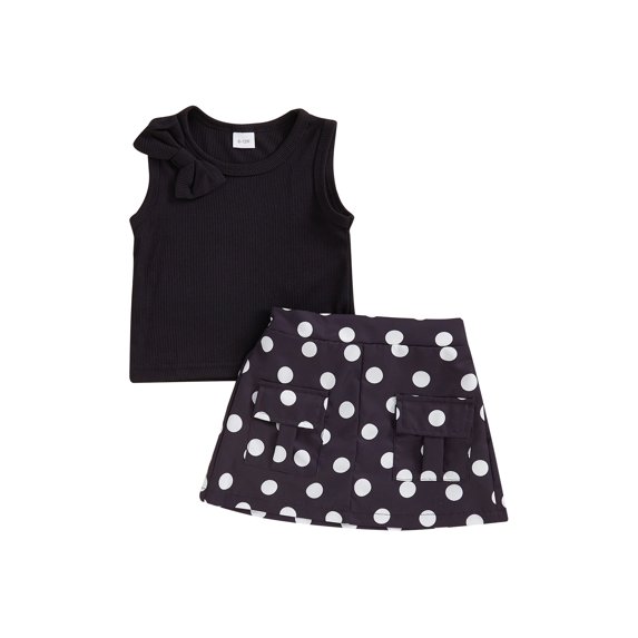 2Pcs Baby Toddler Girl Summer Outfits 6 12 18 24 Months 2T 3T 4T Sleeveless Bow Tank Tops + Dots Print Skirt Set Toddler Clothes