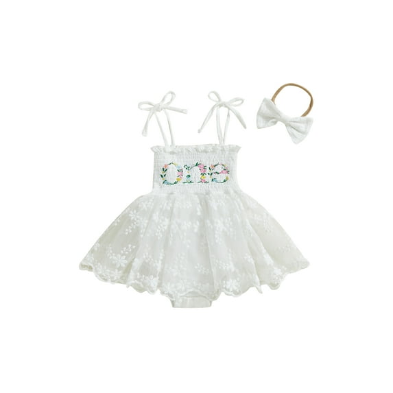 2Pcs Baby Toddler Girl Summer Romper Outfits 6 12 18 Months Sleeveless Tie Strap Floral Embroidery Romper Dress with Headband Set Newborn Clothes