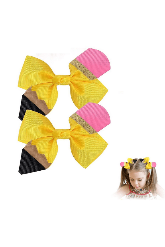 2Pcs Back to School Hair Bows for Girls with Pencil Bow Clips for Girls Decor Accessories43in