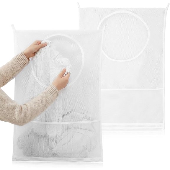 2Pcs Bag Over the Door Hamper Large Mesh Laundry with 4 Hooks Hanging Laundry Hamper for Dirty Clothes Organization Door Bathroom Closet, 30 X 20 Inch White