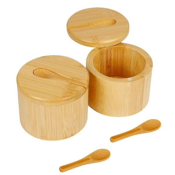 2Pcs Bamboo Salt Cellar Spice Storage Box with Magnetic Swivel Lid & Spoon for Pepper, Table Salt, Gourme
