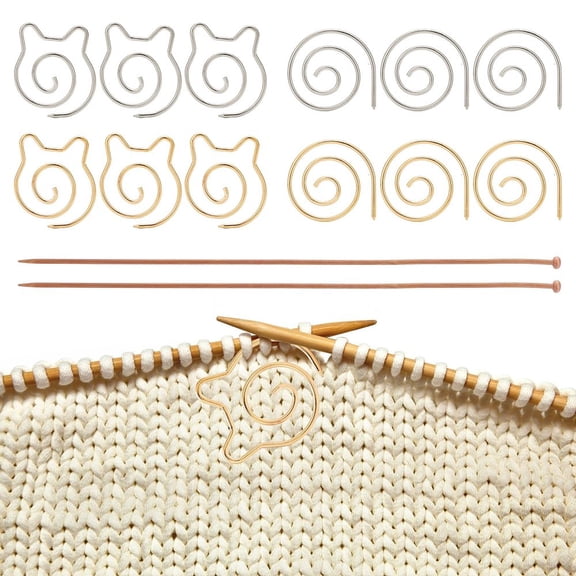 2Pcs Bamboo Single Pointed Knitting Needles and 12Pcs 4 Style Iron Spiral Cable Knitting Needle Circle Cat's Head Platinum Light Gold