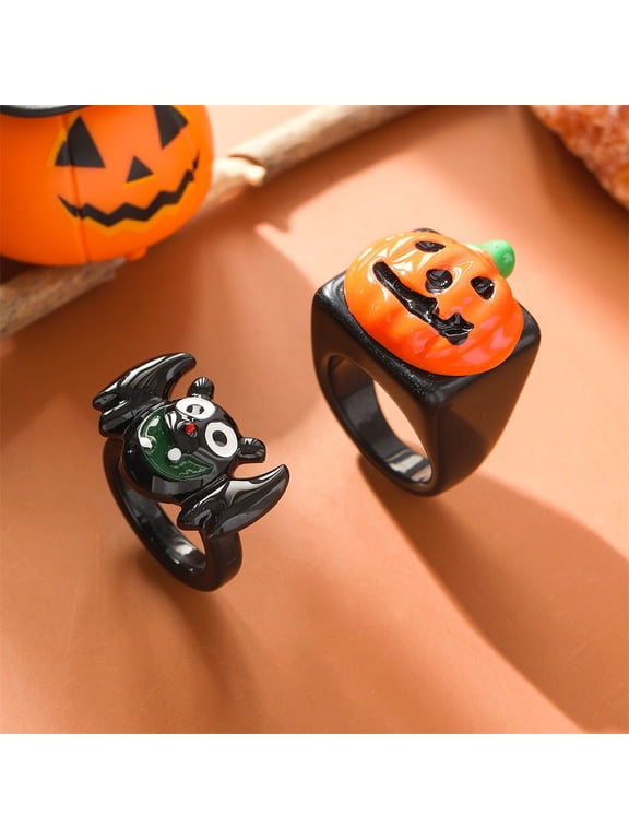 2Pcs Bat Pumpkin Rings Fashion Plastic Rings Finger Accessories for Birthday Halloween Christmas Jewelry Gift
