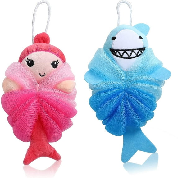 2Pcs Bath Loofahs for Kids, Cartoon Shower Puff Body Loofahs Toddler Bath Sponges Loofah Boys Girls Body Scrubber Shower Washing Exfoliating Soft Body Puff Sponge for Children Shower, Bath
