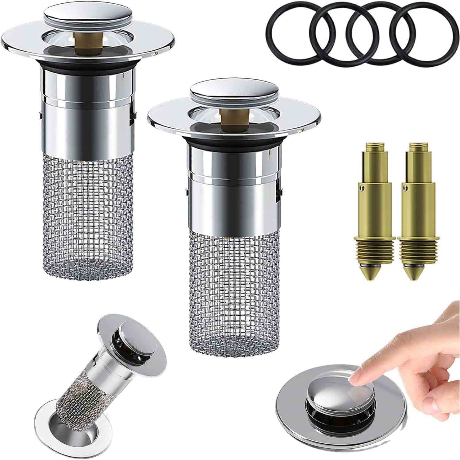 2Pcs Bathroom Sink Stopper Water Filter, Pop Up Sink Drain Filter with Removable Stainless Steel Filter Basket Hair Catcher for Bathroom Sink Stopper Replacement, Bathroom Sink Drain Strainer