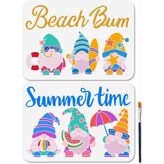 2Pcs Beach Bum Gnome Stencil Reusable Summer Time Stencils DIY for Painting 11.7×8.3inch Beach Vacation Surfing Gnome Craft Templates with Paint Brush DIY for Window Wood Wall Home Gift Decor