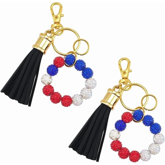 2Pcs Bead Keychain Bracelet Wristlet Polymer Clay Rhinestone Beads Bangle Bracelet Key Chain Wrist Key Chain Beaded Wristlet Keychain with Leather Tassel Bag Car Keyring Holder for Women