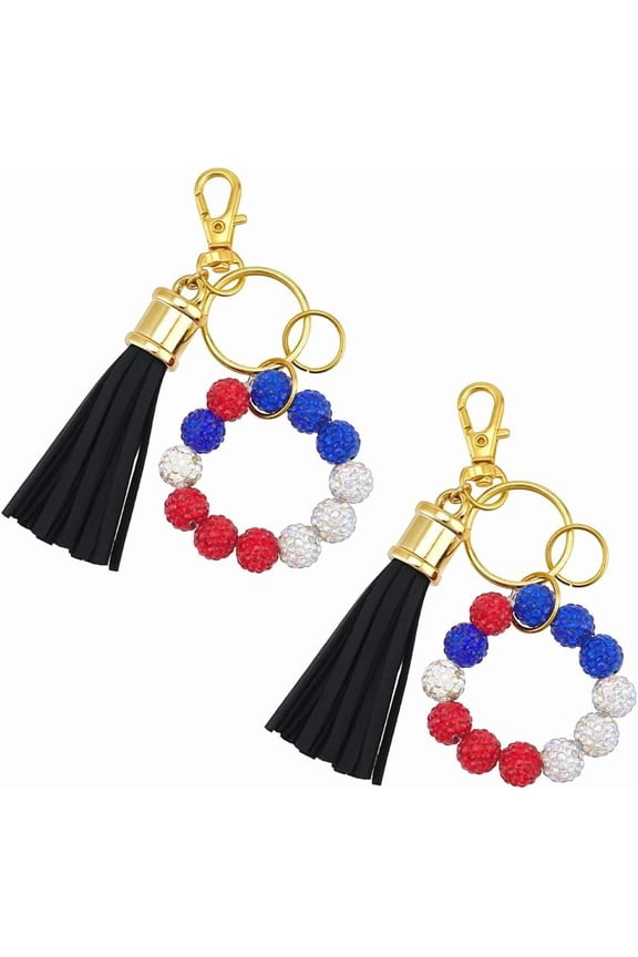 2Pcs Bead Keychain Bracelet Wristlet Polymer Clay Rhinestone Beads Bangle Bracelet Key Chain Wrist Key Chain Beaded Wristlet Keychain with Leather Tassel Bag Car Keyring Holder for Women