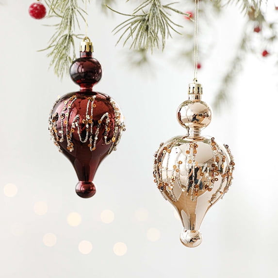 2Pcs Beaded Champagne Brown Christmas Ornaments - Glossy Screw-On Hanging Decorations for Tree, Festive Home Accents, Gift-Ready Boxed Set