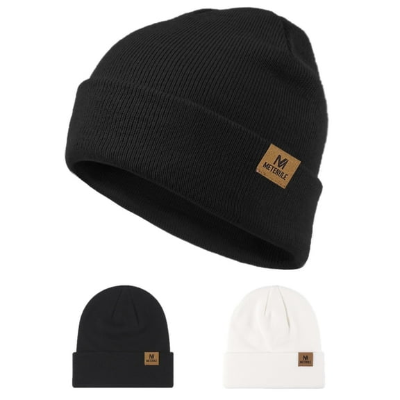 JSEMOY  2Pcs Beanie for Men Women Cuffed Thick Knitted Unisex Winter Hat Beanies Skull Cap-black+white