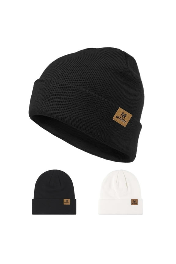 2Pcs Beanie for Men Women Cuffed Thick Knitted Unisex Winter Hat Beanies Skull Cap-black+white