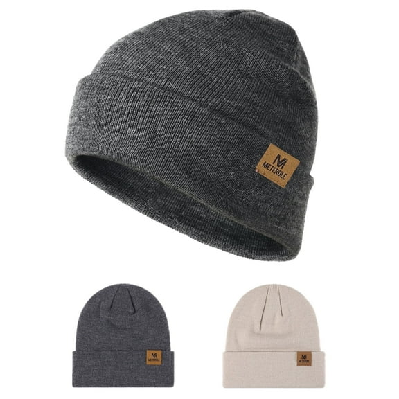 JSEMOY  2Pcs Beanie for Men Women Cuffed Thick Knitted Unisex Winter Hat Beanies Skull Cap-grey Beige