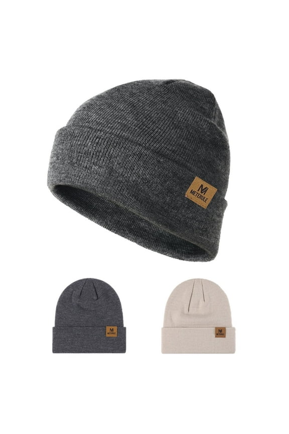 2Pcs Beanie for Men Women Cuffed Thick Knitted Unisex Winter Hat Beanies Skull Cap-grey+Beige
