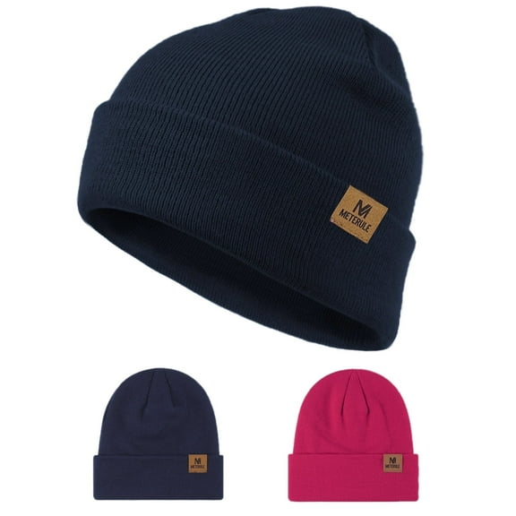 JSEMOY  2Pcs Beanie for Men Women Cuffed Thick Knitted Unisex Winter Hat Beanies Skull Cap-navy blue red