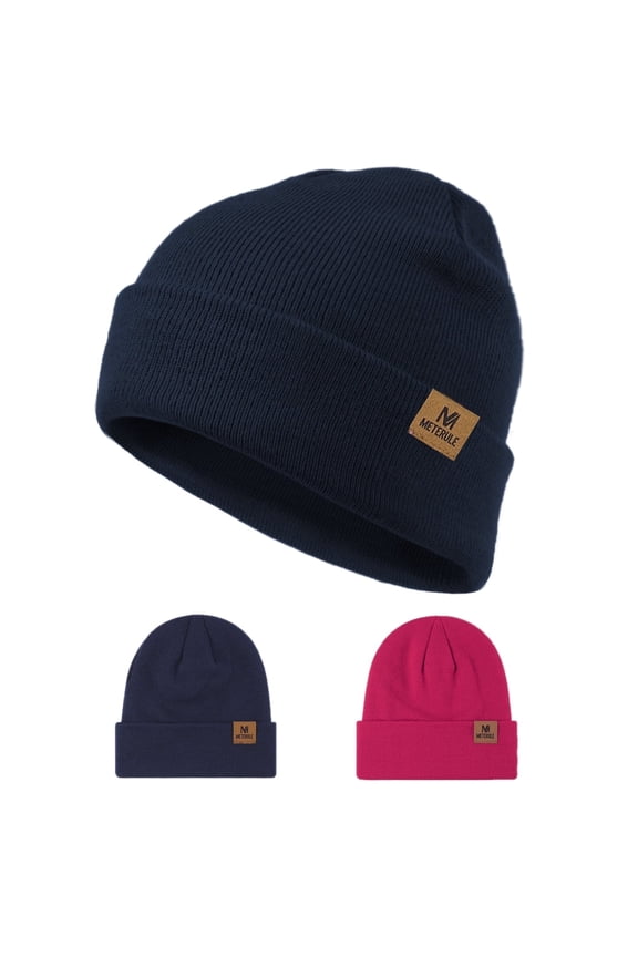 2Pcs Beanie for Men Women Cuffed Thick Knitted Unisex Winter Hat Beanies Skull Cap-navy blue+red