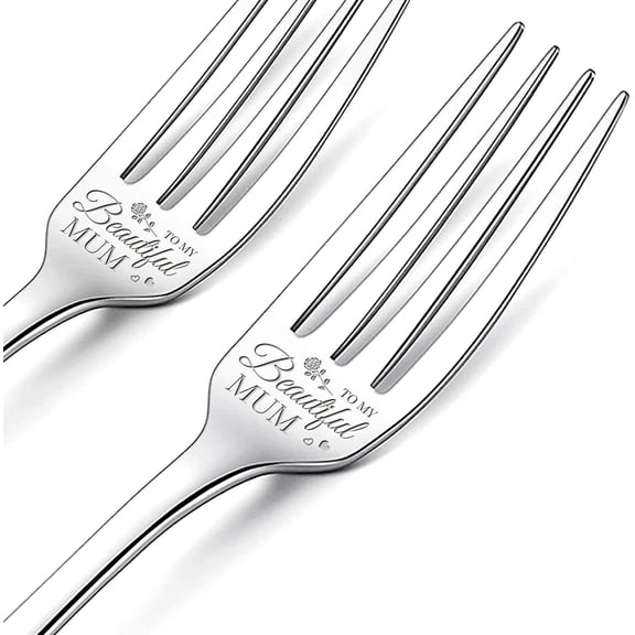 2Pcs to My Beautiful Mum Engraved Forks with Gift Box Stainless Steel Table Forks for Birthday Wedding Anniversary Valentine's Day Gift for Wife Husband 8Inches diy Flower