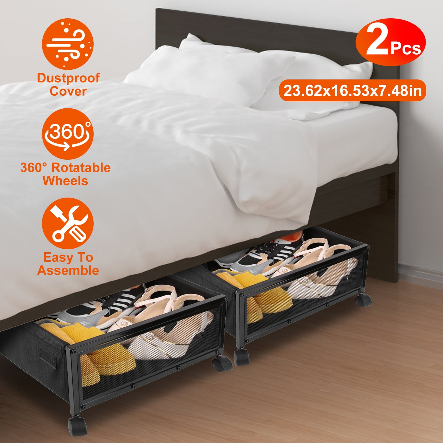 2Pcs Bedroom Under Bed Storage Containers with 360° Rotatable Wheels ...