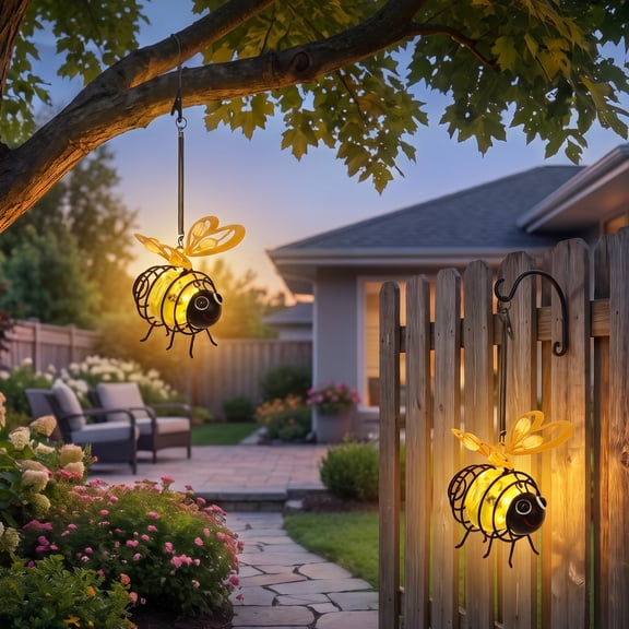 2Pcs Bee Solar Lights Outdoor Garden Hanging for Patio Pathway Balcony Yard, Yellow