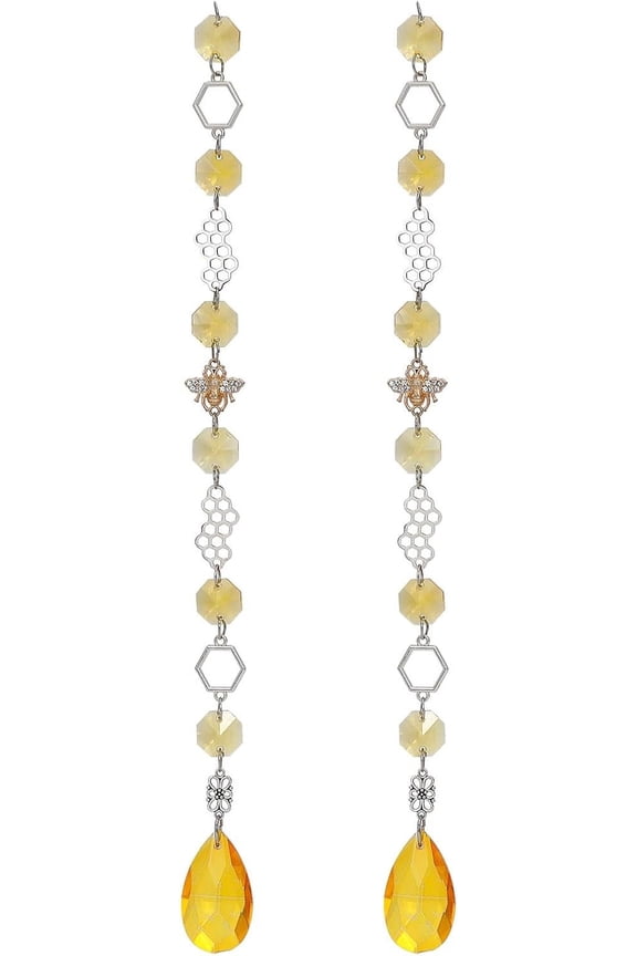 2Pcs Bee themed Sun Catchers Teardrop Pendant Decoration Hanging Suncatchers with Alloy Findings and Alloy Pendant for Home Decoration 317mm Silver