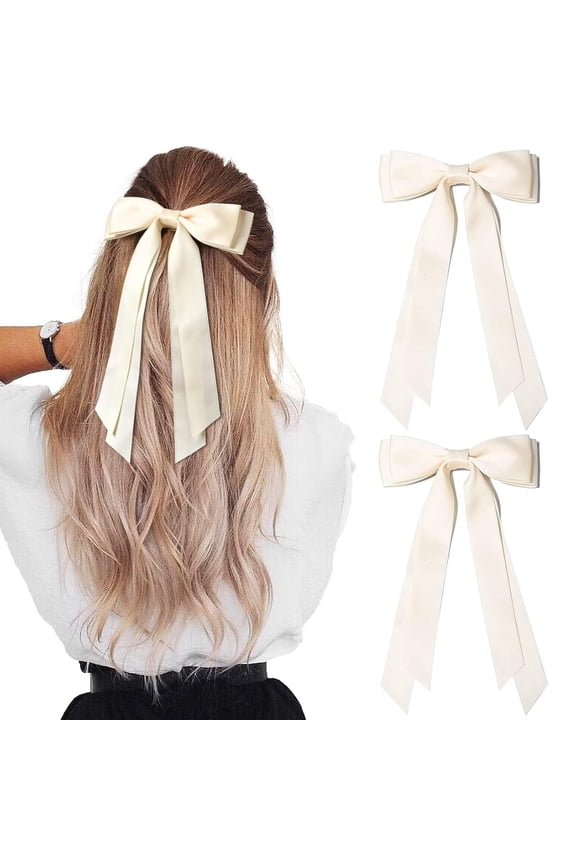 2Pcs Beige Silky Satin Hair Bows - Handmade High Quality Hair Clips for Women, Girls, Toddlers, Great for Daily Wear, Parties, and Gift Giving