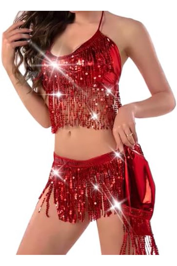 2Pcs Belly Dance Skirt with Sequin Fringe Bra Top Hip Scarf Set Rave Latin Dance Party Halloween Sequins Tassel Costumes