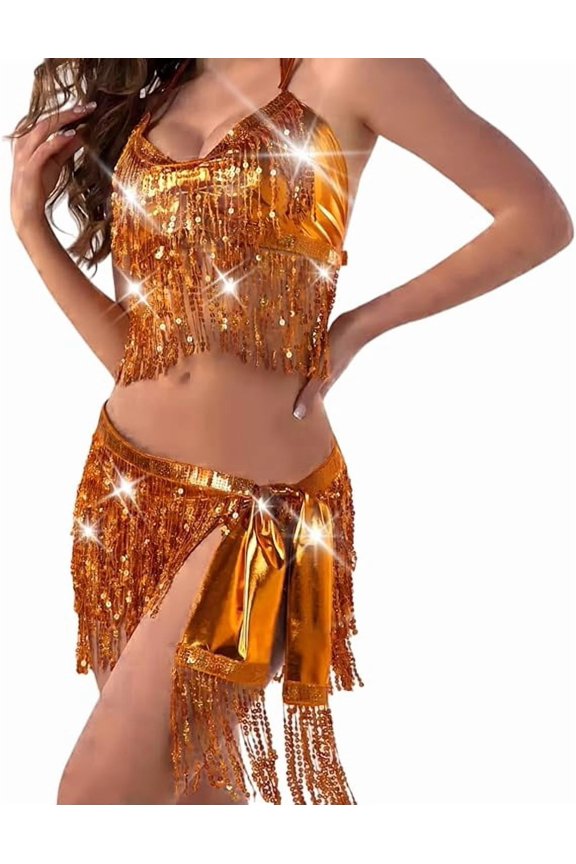 2Pcs Belly Dance Skirt with Sequin Fringe Bra Top Hip Scarf Set Rave Latin Dance Party Halloween Sequins Tassel Costumes