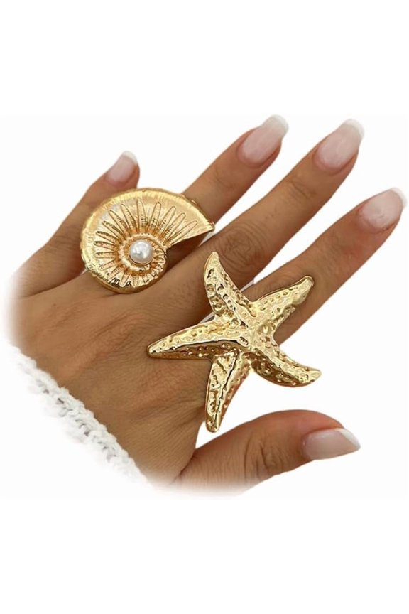 2Pcs Big Statement Gold Conch Starfish Open Ring for Women, Dainty Large Conch Ocean Star Finger Knuckle Rings Exaggerated Beach Holiday Party Jewelry Gifts