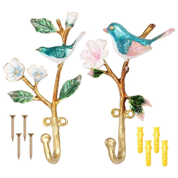 Hvxrjkn 2Pcs 2 Sizes Bird Shaped Wall Hooks 3.82*6.5in/4.33*5.79in Decorative Wall Hangers Vintage Bird Shaped Flower Metal Mounted Hook for Hanging Coats Clothes Keys Hats Towels