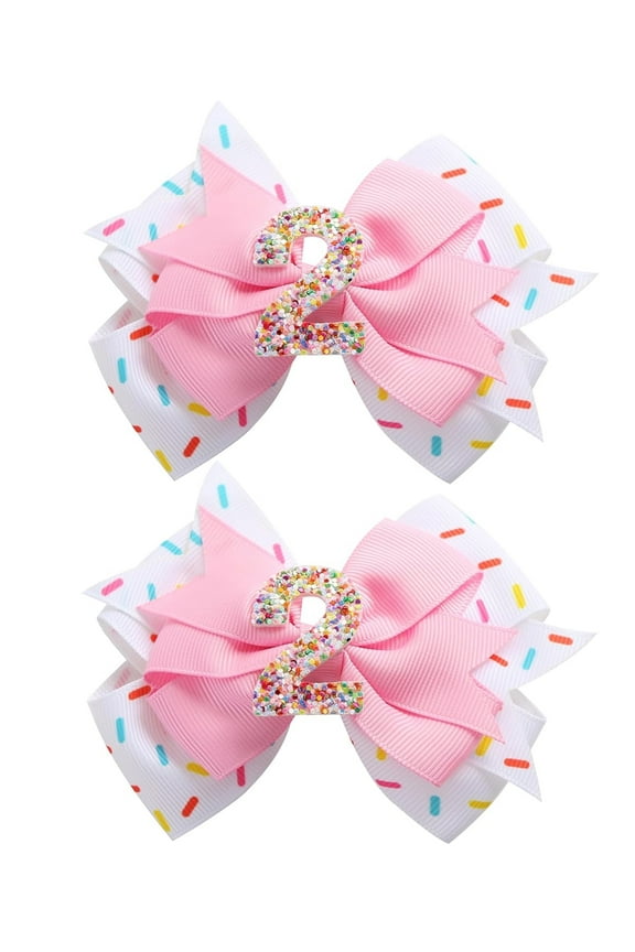 2Pcs Birthday Hair Bow for Baby Girls 2 3 4 5 6 7 Years Sprinkle Decorations Confetti Ice Cream Party Pink Pigtail Hair Accessories for Two 2nd Second Birthday