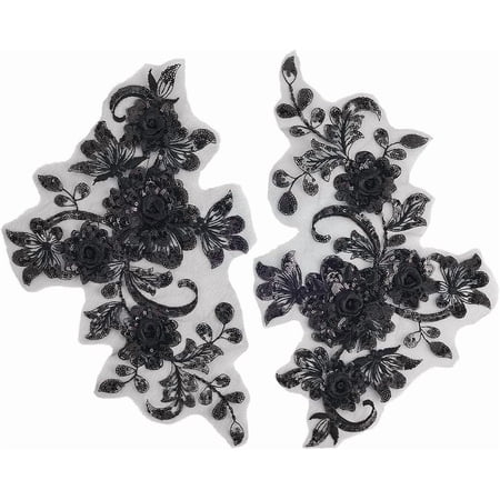 2Pcs Black 3D Floral Applique Embroidery Sequin Lace Appliques Trim Boho Embroidered Polyester Beaded Flower Sew on Tulle Patches