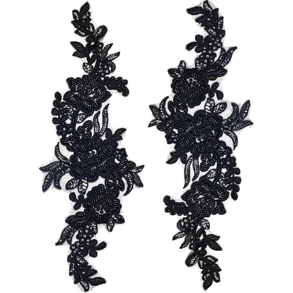 2Pcs Black 3D Flower Lace Applique Embroidery Flowers Patches Floral Sew On Embroidery Lace Patches