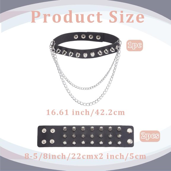 2Pcs Black 422mm PU Cord Rivet Bracelets + 1Pc Rivet Choker Necklace Set | Punk Gothic Adjustable Jewelry for Men & Women | Alternative Fashion Cuff Bangle & Studded Choker