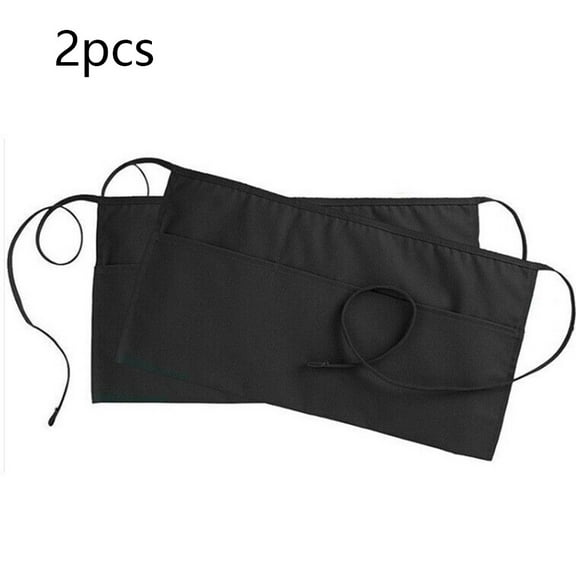 2Pcs Black Bib Waist Apron For Kitchen Heavy Duty 3 Pockets Waitstaff Apron